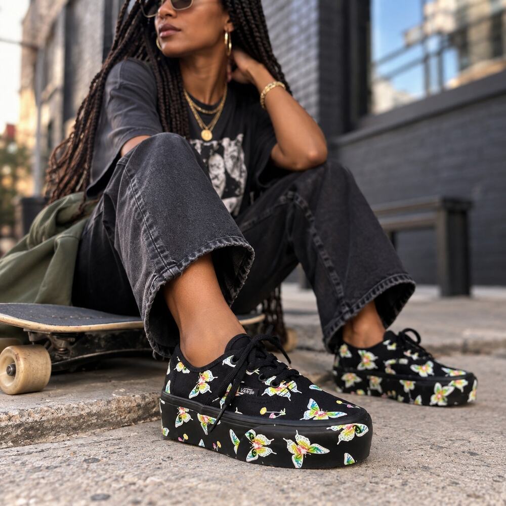 NEW Vans Authentic Stacked Morph Butterfly Glow Platform Sneakers M5 W6.5 Black